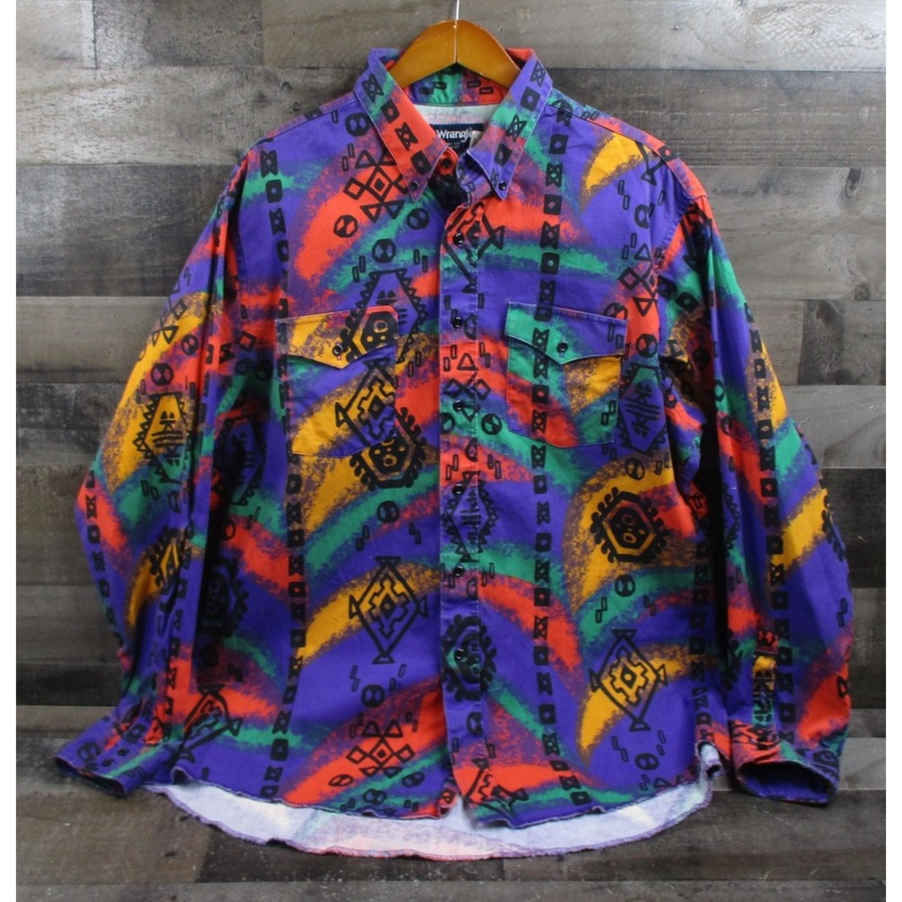 Wrangler Shirt Mens 17.5 35 Purple Aztec Cowboy Cut Western Brushpopper Made USA
